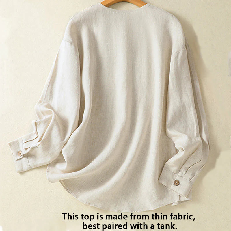 Buddha Stones Spring Plain Buttons Design V-Neck Long Sleeve Women's Cotton Linen Shirt
