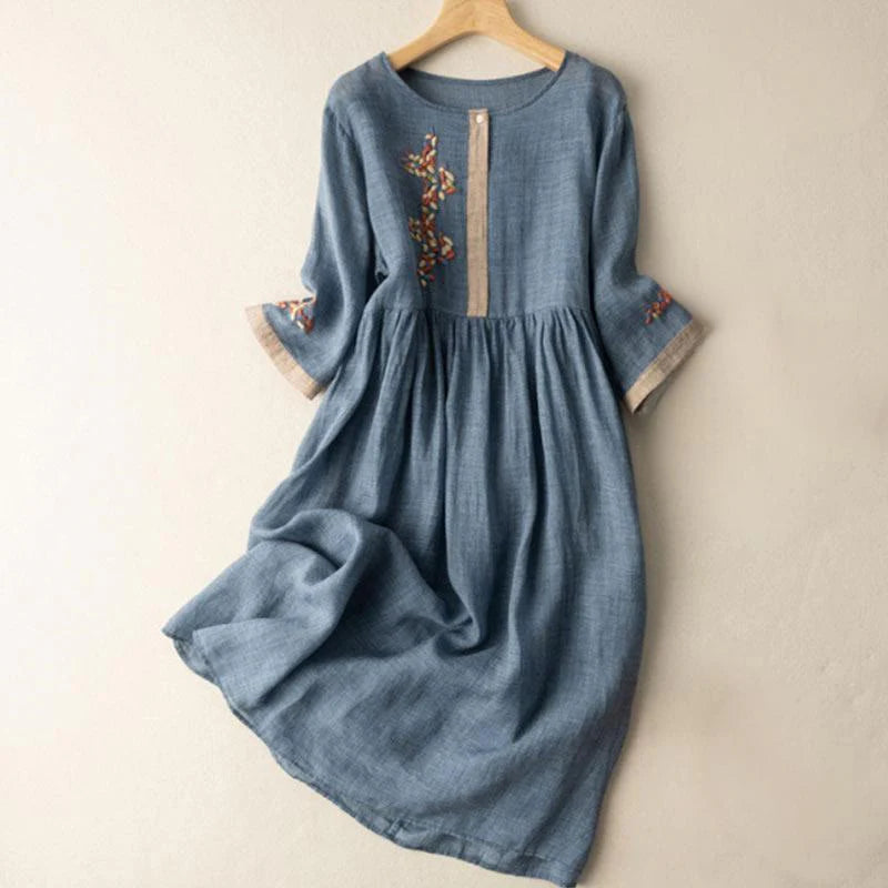 Buddha Stones Spring Ethnic Embroidery Half Sleeve Cotton Linen Women's Midi Dress