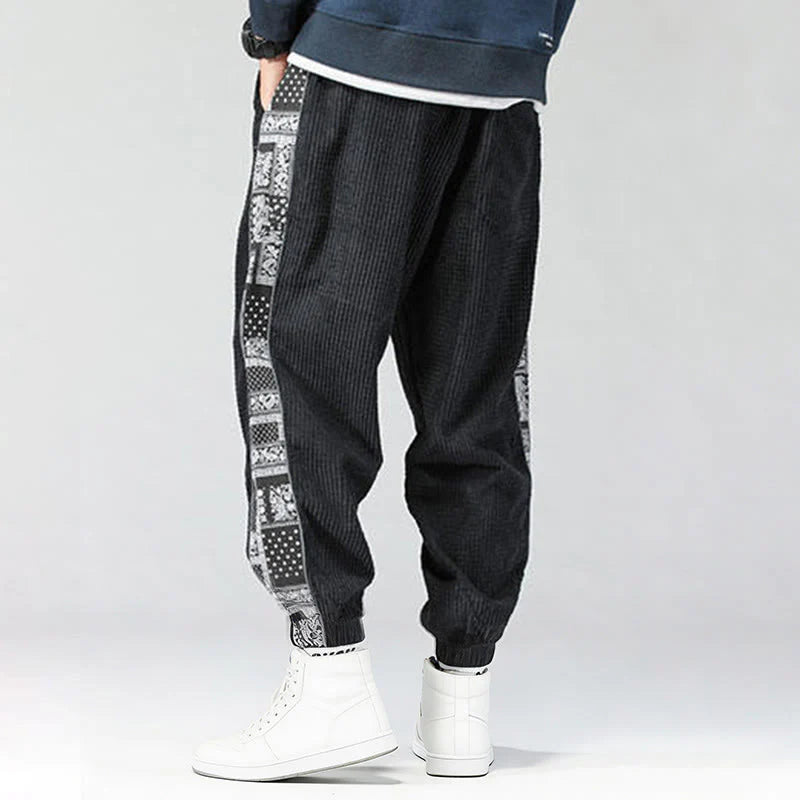 Buddha Stones Fall Solid Drawstring Side Paisley Pattern Straight Leg Ankle-length Corduroy Men's Pants With Pockets