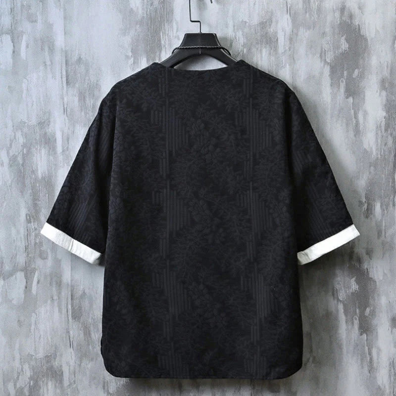 Buddha Stones Casual Retro Jacquard Chinese Frog-Button Design Men's Crew Neck Half Sleeve Cotton Shirt