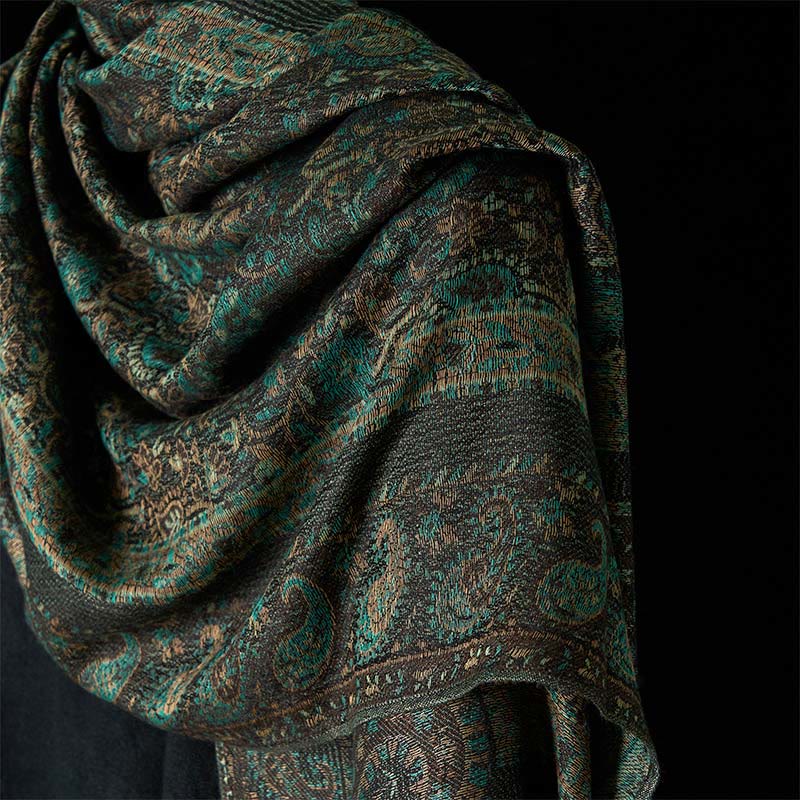 Buddha Stones Spring Green Cashew Flower Geometric Stripes Pattern Tassel Cozy Scarf Shawl