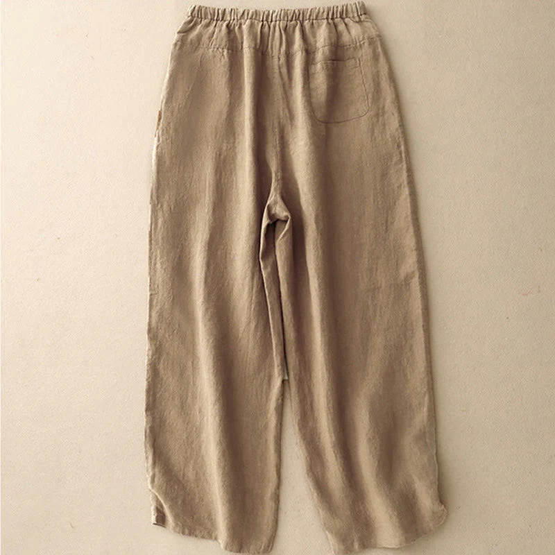 Buddha Stones Summer Plain Casual 7-8 Length Lace-up Women's Cotton Linen Harem Pants With Pockets