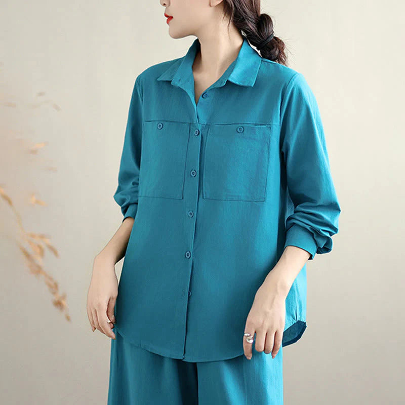 Buddha Stones 2Pcs Fall Solid Color Cotton Buttons Down Long Sleeve Shirt Ankle-Length Wide Leg Pants Women's Set With Pockets