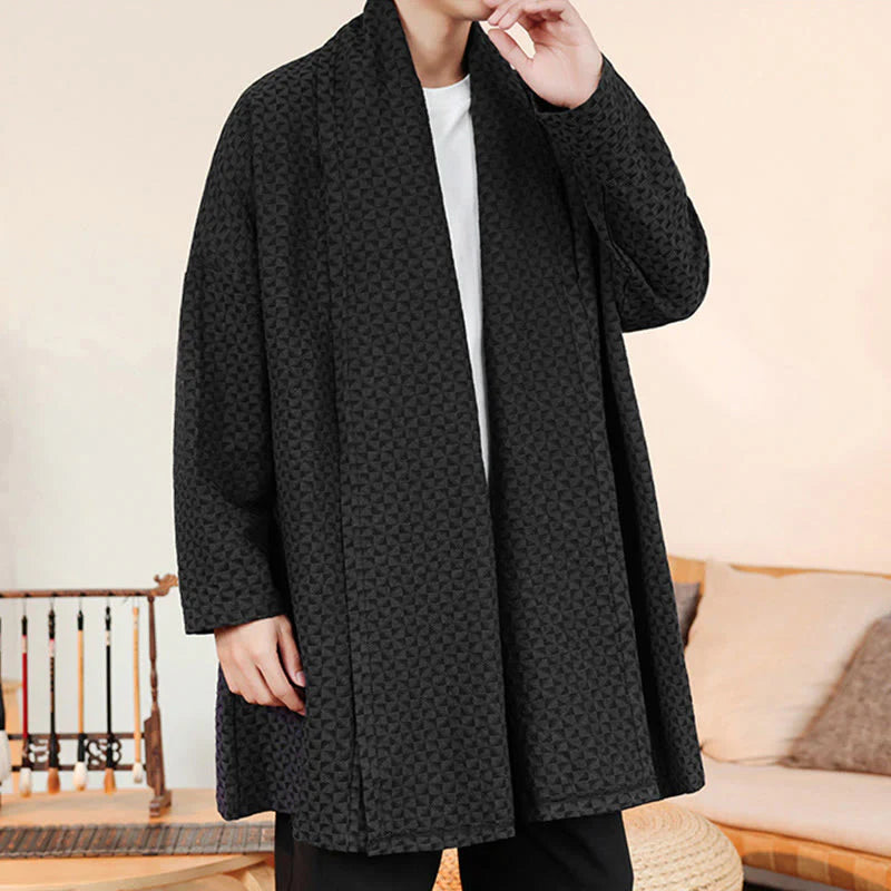 Buddha Stones Winter Jacquard Simple Design Men's Cotton Long Sleeve Kimono