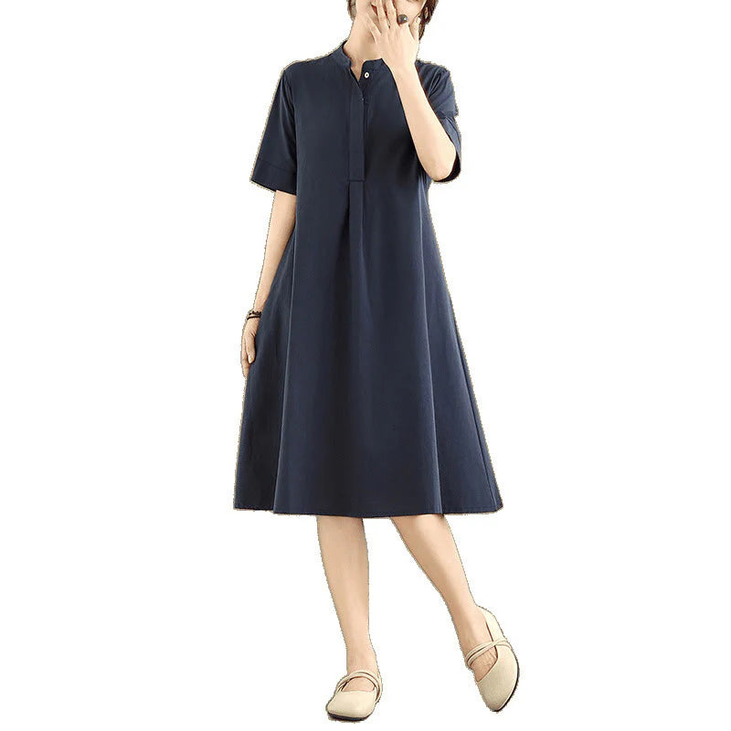 Buddha Stones Commute Plaid Pattern Simple Design Cotton Half Sleeve Midi Dress With Pockets