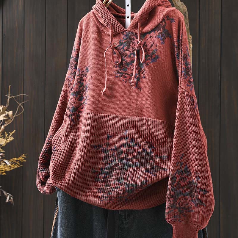 Buddha Stones Women's Knitted Floral Cotton Long Sleeve Hooded Sweater