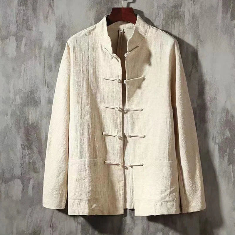 Buddha Stones Men's Tang Long Sleeve Shirt Frog Button With Pocket Stand Collar Comfort Shirt