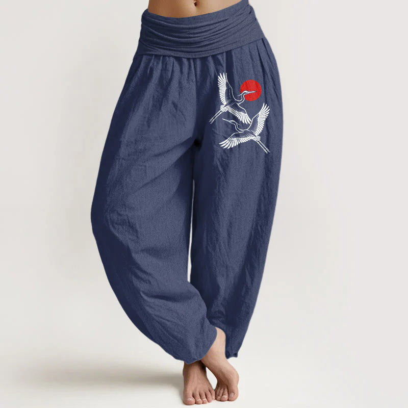 Buddha Stones Red Sun Cranes Pattern Women's Elastic Waist Harem Pure Cotton Pants