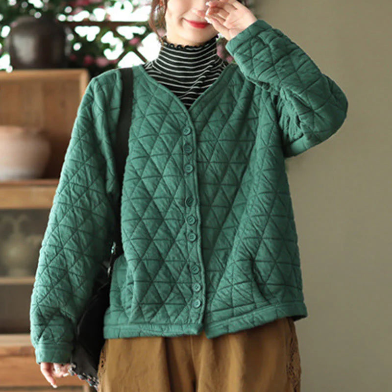 Buddha Stones Winter Cotton Long Sleeve Diamond Pattern Women's Thermal Jacket With Pockets