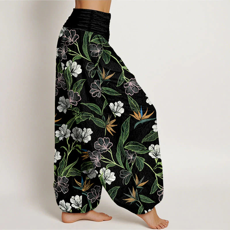 Buddha Stones Cotton Contrasting Colors Flower Leaf Pattern Women's Elastic Waist Harem Pants
