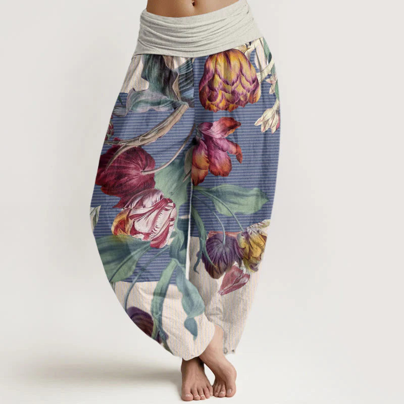 Buddha Stones Cotton Tulips Green Leaves Design Women's Elastic Waist Harem Pants