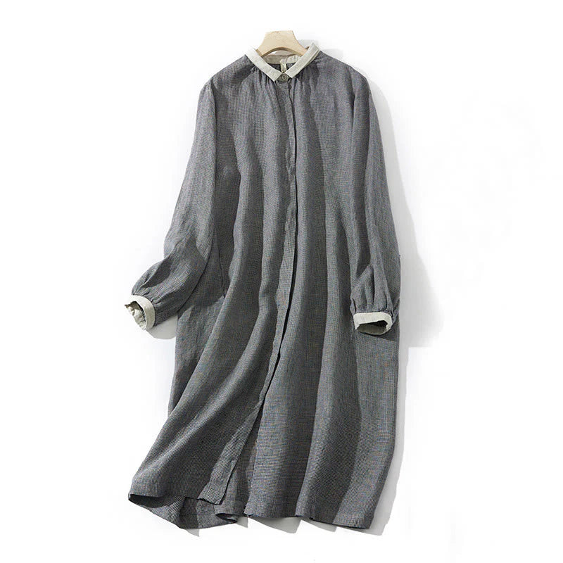 Buddha Stones Commute DimGray Plaid Lantern Long Sleeve Cotton Linen Midi Dress With Pockets