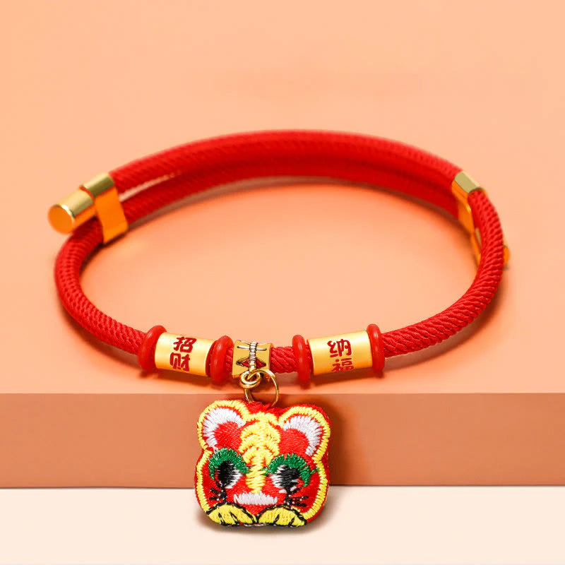Buddha Stones Red String Plaited Embroidery Tiger Fu Character Protection Adjustable Cats Dogs Pet Collar