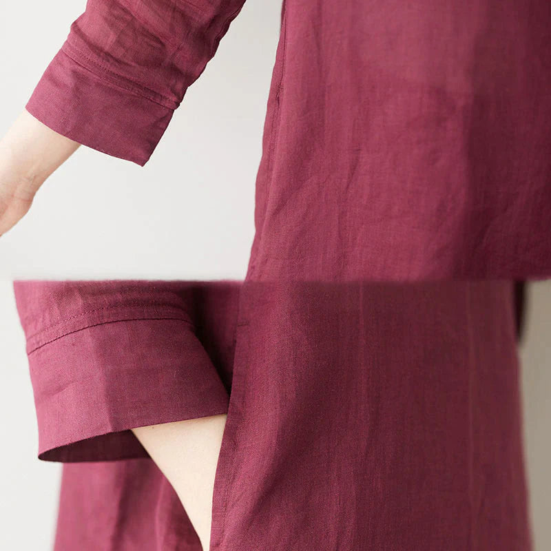 Buddha Stones Casual 2pcs Plain Three Quarter Sleeve Slanted Collar Shirt Top Wide Leg Pants With Pockets Meditation Zen Tai Chi Clothing Women's Set