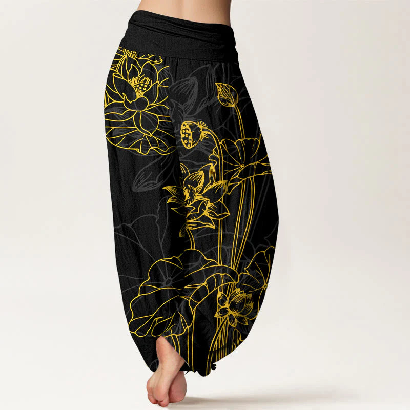 Buddha Stones Pure Cotton Concise Lotus Flower Leaf Pod Bud Pattern Women's Elastic Waist Harem Pants