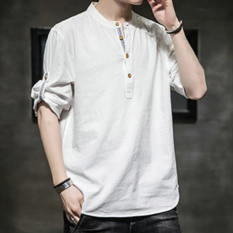 Buddha Stones Summer Solid Men's Half Buttons Half Sleeve Linen Shirt