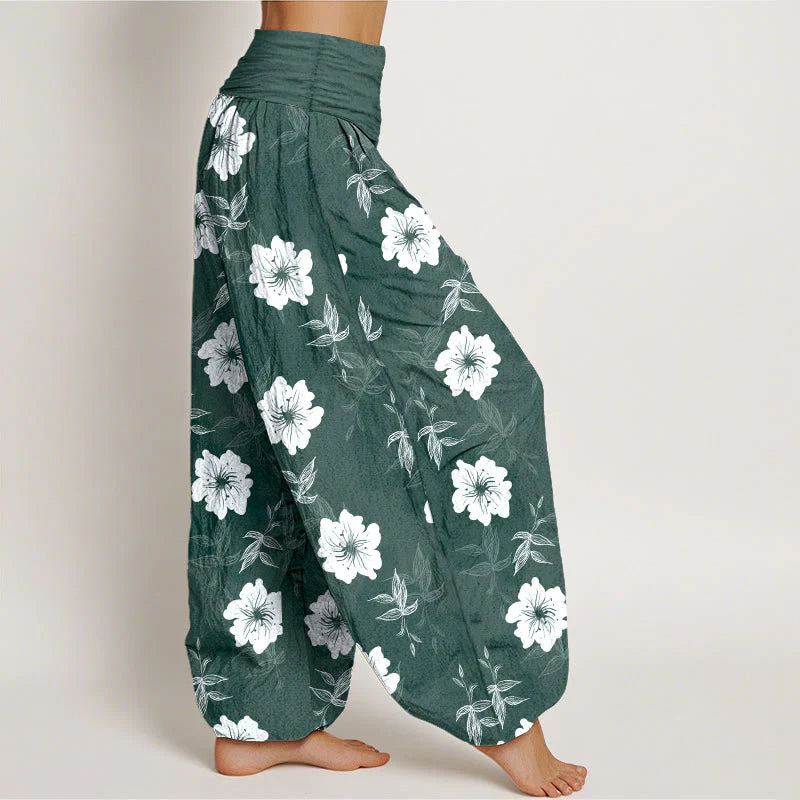 Buddha Stones Pure Cotton White Flowers Grass Women's Elastic Waist Harem Pants
