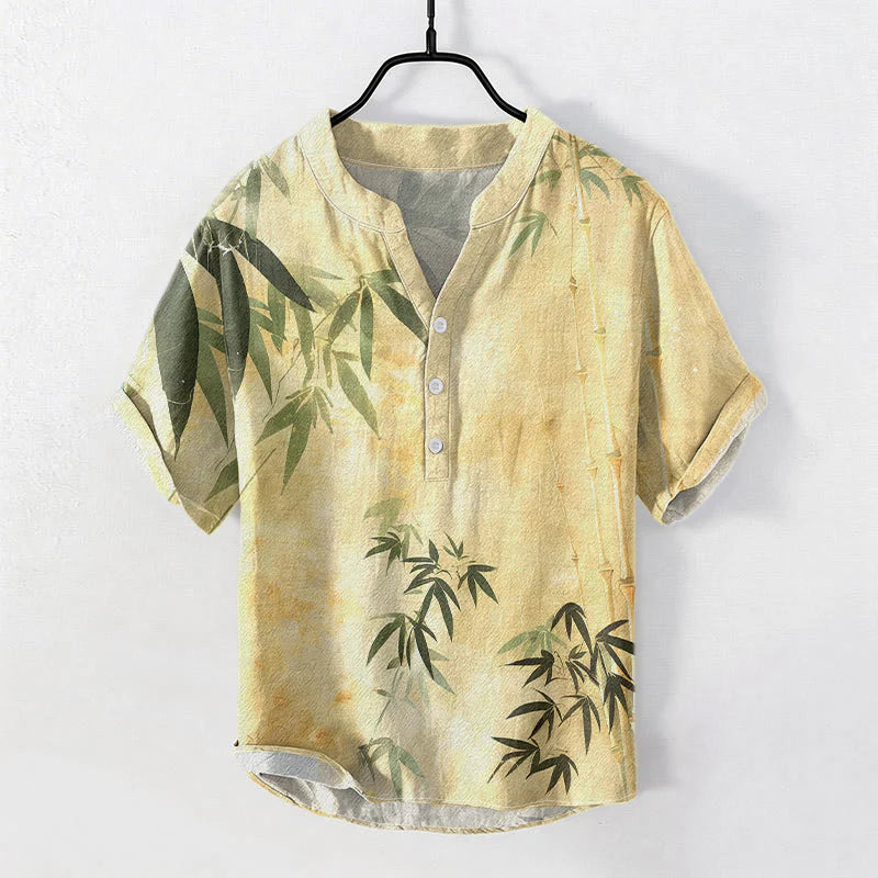 Buddha Stones Cotton Bamboo Pattern Men's Short Sleeve Half Button Shirt