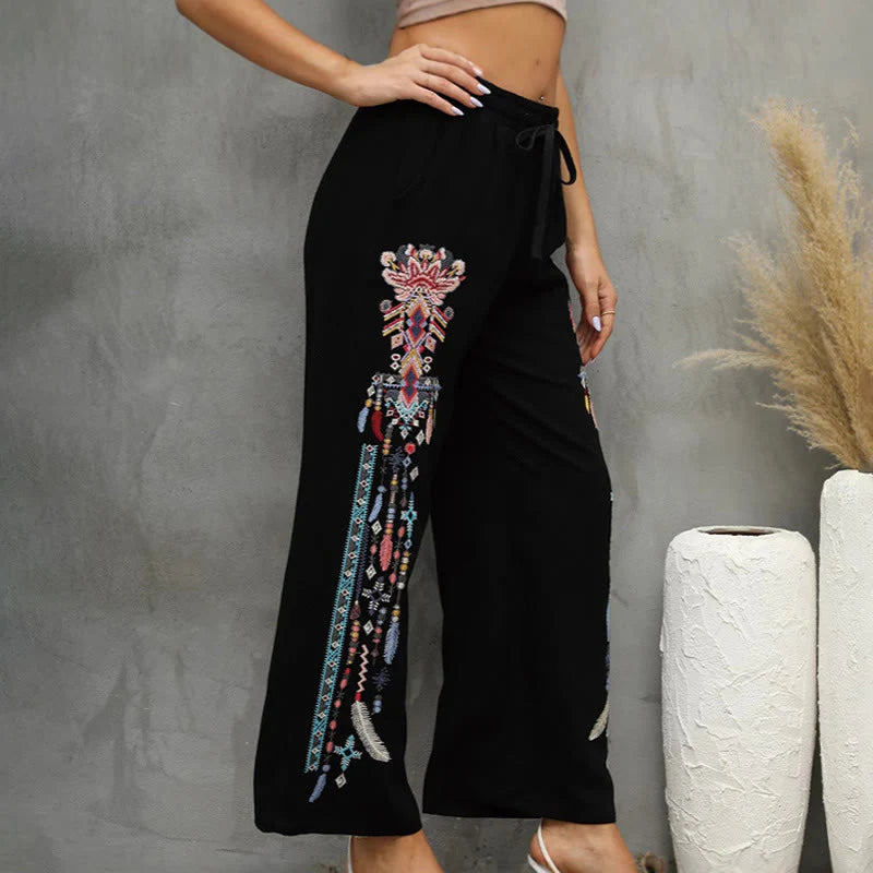 Buddha Stones Black Casual Ethnic Embroidery Cotton Linen Drawstring Women's Pants With Pockets