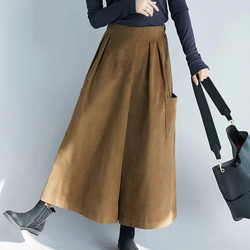Buddha Stones Women's Plain Side Zipper Design Wide Leg Corduroy 7-8 Length Pants With Pockets