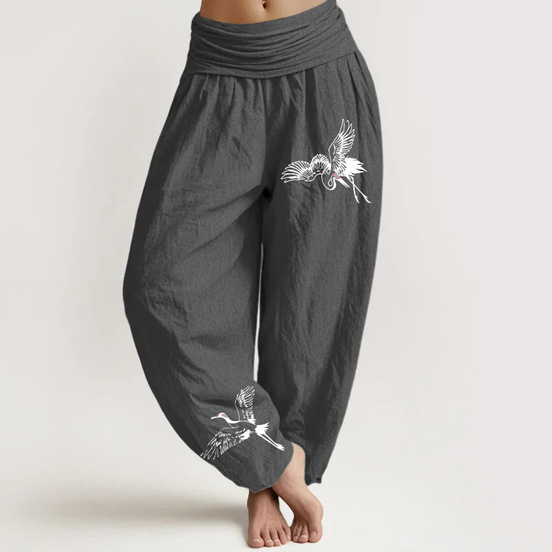 Buddha Stones Flying Red-crowned Cranes Pattern Women's Elastic Waist Harem Cotton Pants
