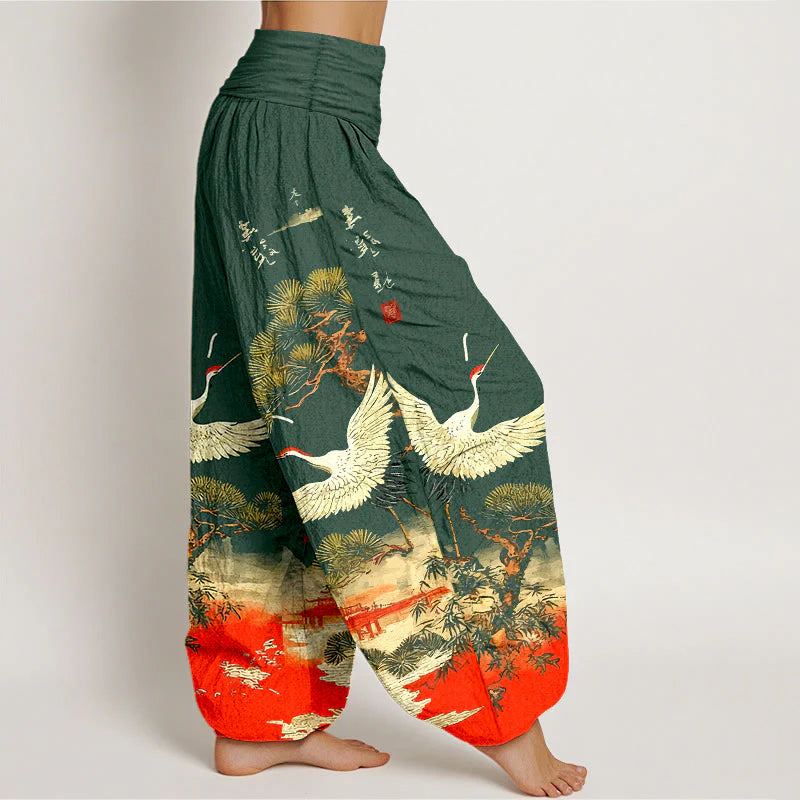 Buddha Stones Pure Cotton Vivid Crane Pine Tree Pattern Women's Elastic Waist Harem Pants