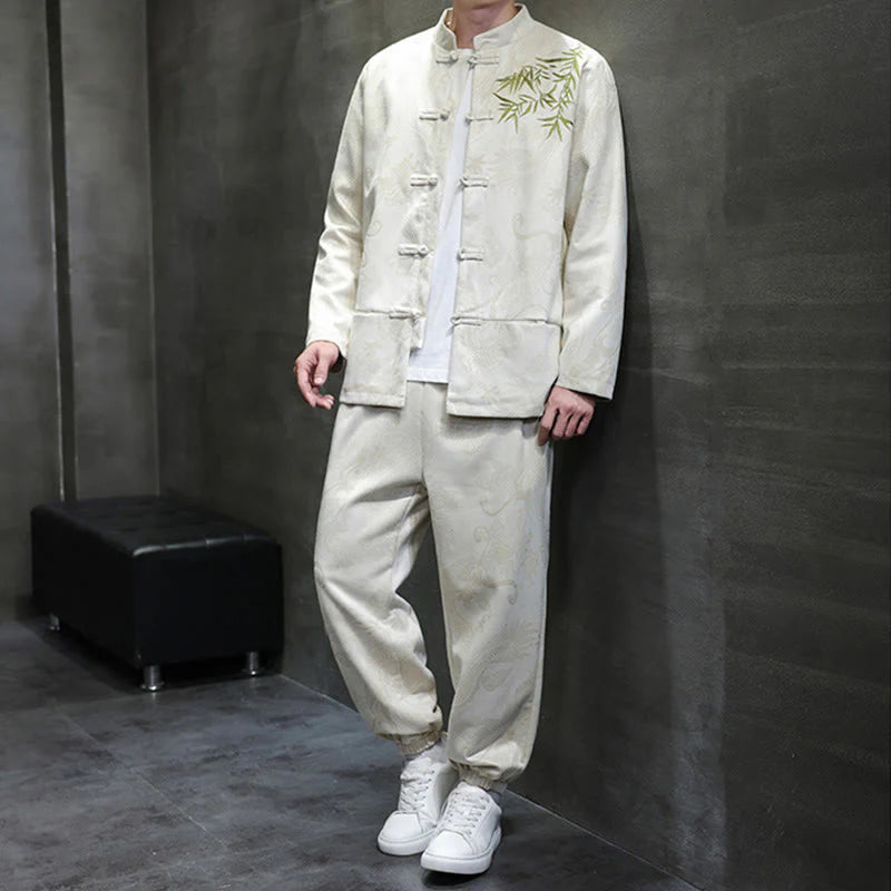 Buddha Stones 2Pcs Spring Dragon Bamboo Clouds Men's Tang Suit Frog-Button Cotton Long Sleeve Jacket Pants Set With Pockets