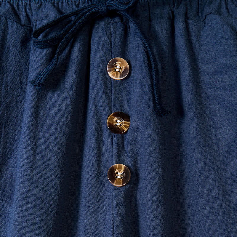 Buddha Stones Solid Color Buttons Drawstring Men's Cotton Pants With Pockets