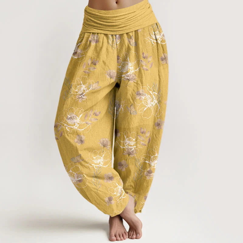 Buddha Stones Cotton Exquisite Retro Flower Pattern Women's Elastic Waist Harem Pants