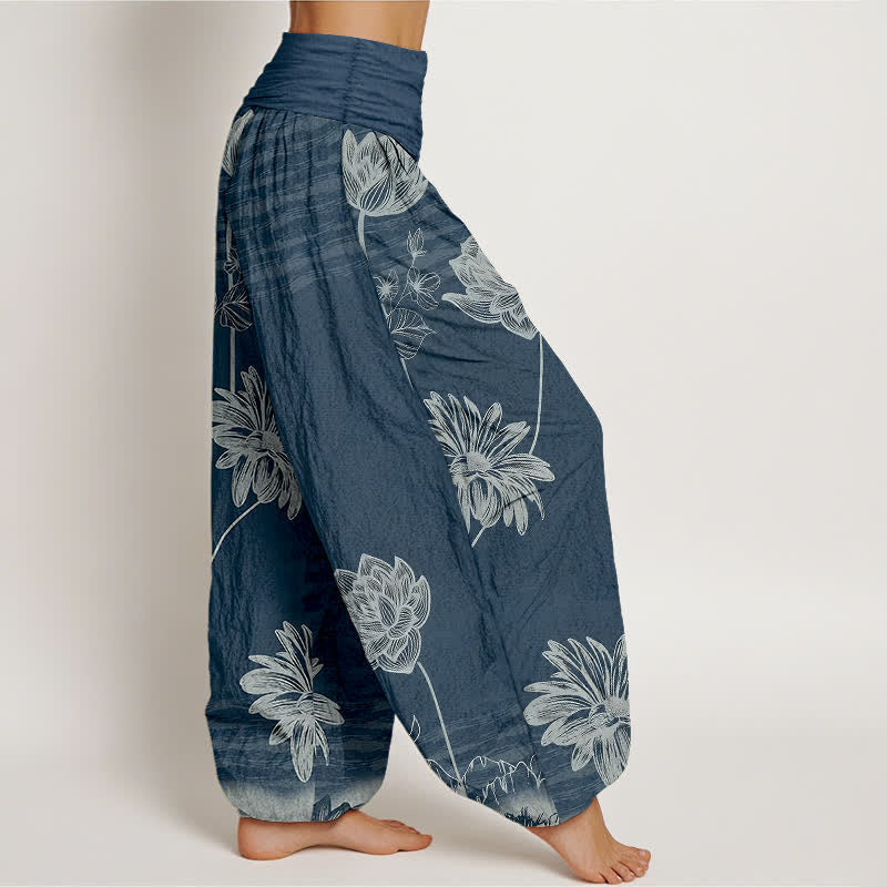Buddha Stones Lotus High Waist Design Women's Harem Cotton Pants