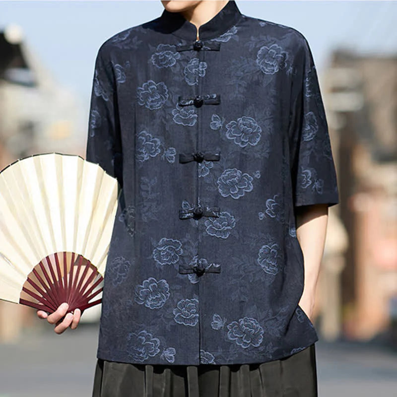 Buddha Stones Retro Frog Buttons Mandarin Collar Floral Jacquard Men's Short Sleeve Shirt