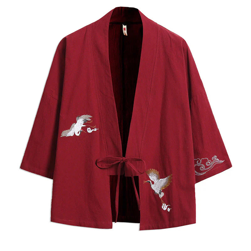 Buddha Stones White Crane Auspicious Clouds Embroidery Three Quarter Sleeve Men's Kimono