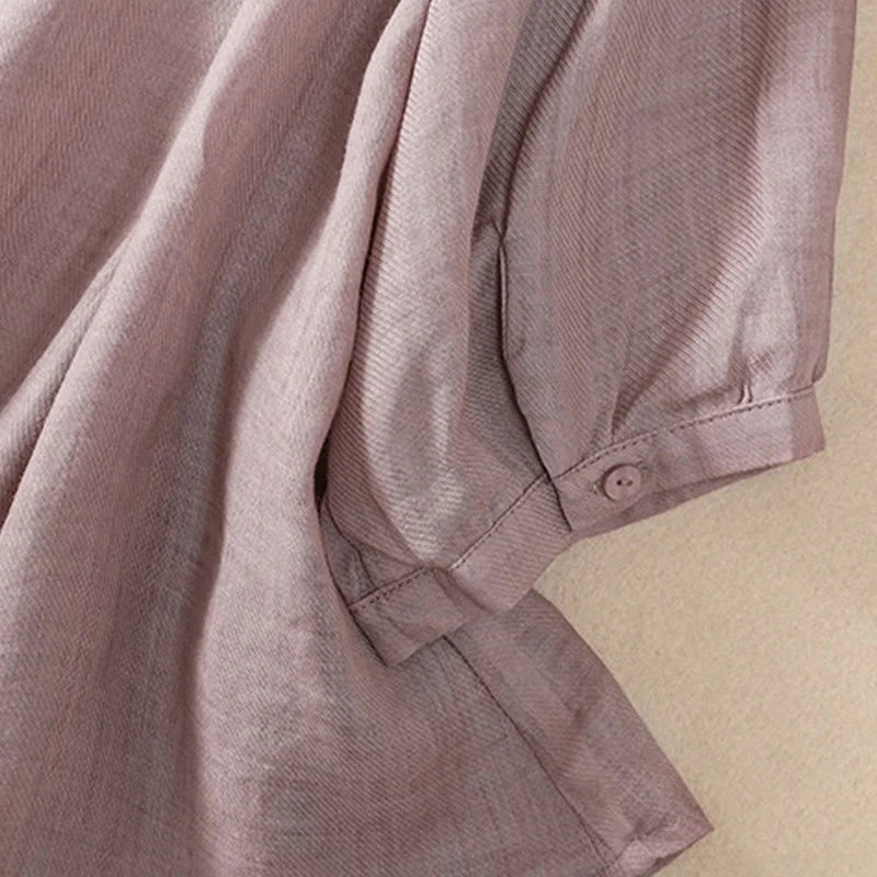 Buddha Stones Casual Daily Plain Button Ruffled Design Stand Collar Women's Cotton Linen Three Quarter Sleeve Shirt Cardigan