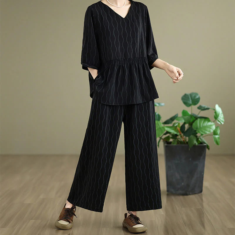 Buddha Stones 2pcs Striped Pattern Short Sleeve Shirt Polyester 7 Length Harem Pants Set With Pocket