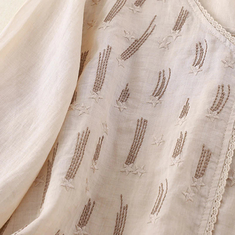 Buddha Stones Casual Shooting Star Embroidery V-Neck Half Sleeve Cotton Linen Women's Shirt