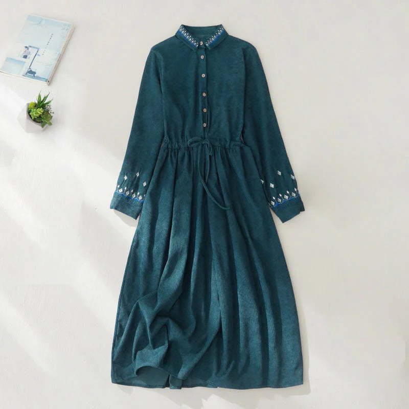 Buddha Stones Embroidered Floral Pattern Lace-up Design Long Sleeve Midi Dress With Pockets