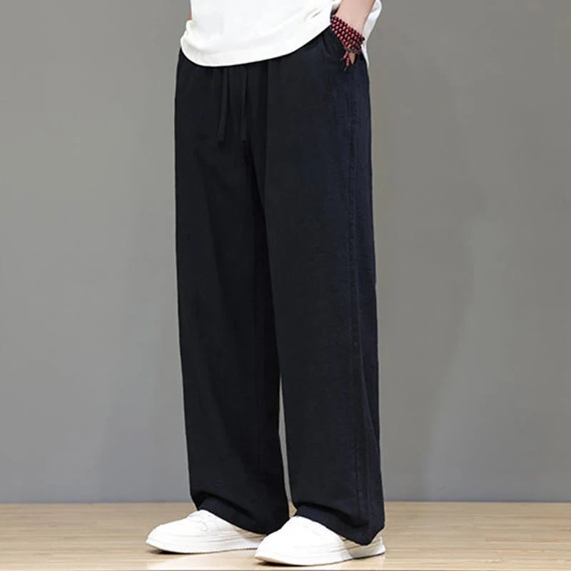 Buddha Stones Summer Men's Cotton Linen Straight Leg Pants With Pockets