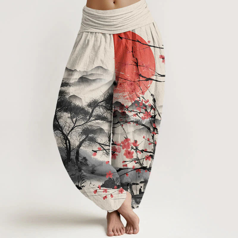 Buddha Stones Cotton Casual Red Plum Blossom Mountains Sun Pattern Women's Elastic Waist Harem Pants