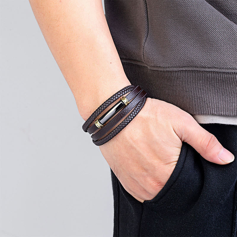 Buddha Stones Multi-layered Simple Design Leather Titanium Steel Balance Bracelet