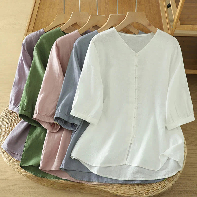 Buddha Stones Solid Buttons V-Neck Half Sleeve Women's Shirt