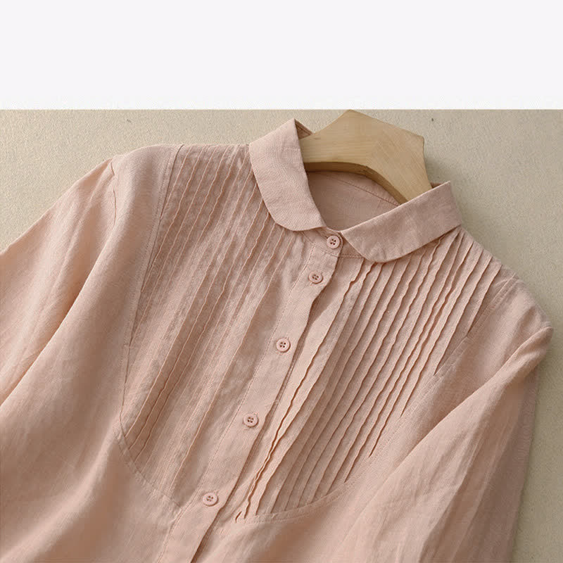 Buddha Stones Spring Pleated Pintuck Peter Pan Collar Half Sleeve Women's Shirt