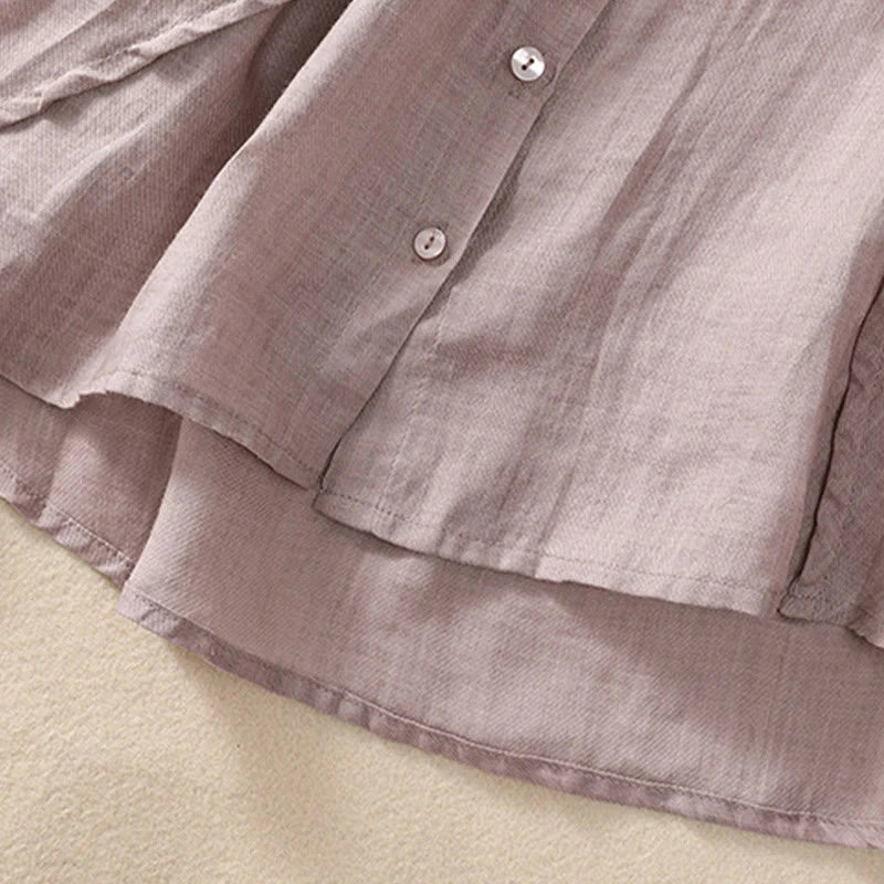Buddha Stones Casual Daily Plain Button Ruffled Design Stand Collar Women's Cotton Linen Three Quarter Sleeve Shirt Cardigan