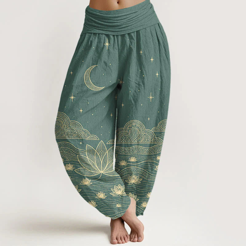 Buddha Stones Pure Cotton Elegant Moon Star Cloud Lotus Flower Water Ripple Pattern Women's Elastic Waist Harem Pants