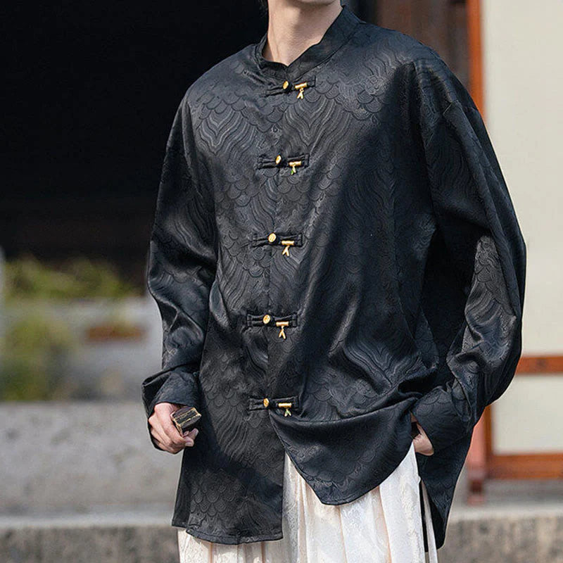 Buddha Stones Chinese Frog-Button Bamboo Shape Design Stand Collar Men's Long Sleeve Shirt