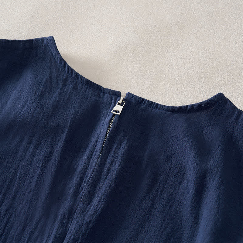 Buddha Stones Summer Embroidery Hem Back Zipper Design Sleeveless Solid Color Mini Dress With Pockets
