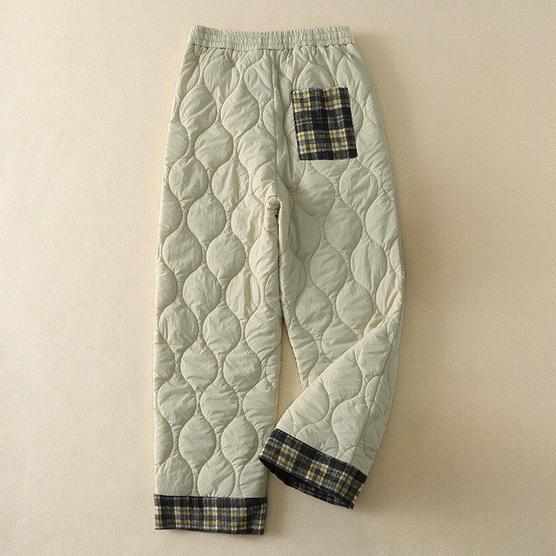 Buddha Stones Winter Curved Lines Elastic Waist Drawstring Patchwork Plaid Cotton Thermal Women's Pants With Pockets