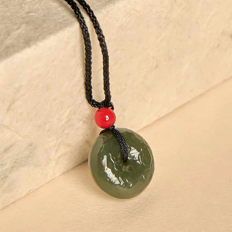Buddha Stones Peace Buckle Auspicious Clouds Cyan Jade Necklace Luck Pendant