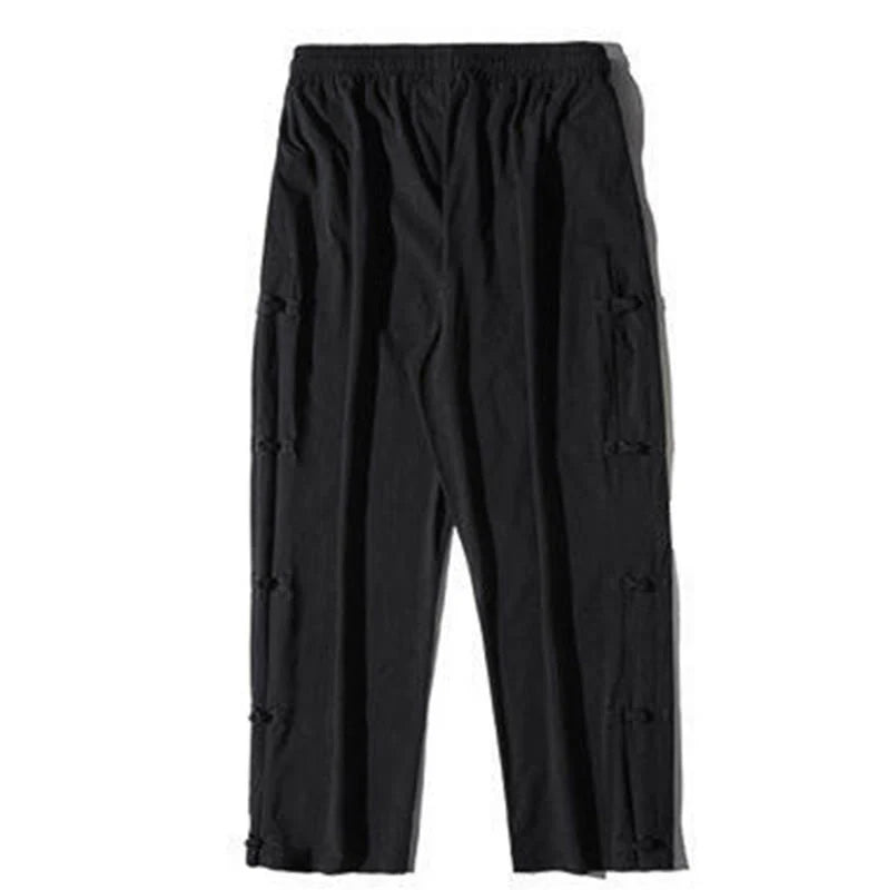 Buddha Stones Casual Patchwork Crane Pattern Frog-Button Design Men's Wide Leg Pants With Pockets