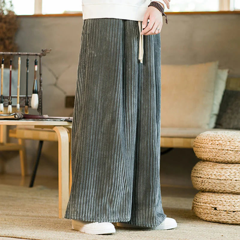 Buddha Stones Commute Plain Drawstring Men's Wide Leg Cotton Corduroy Pants With Pockets