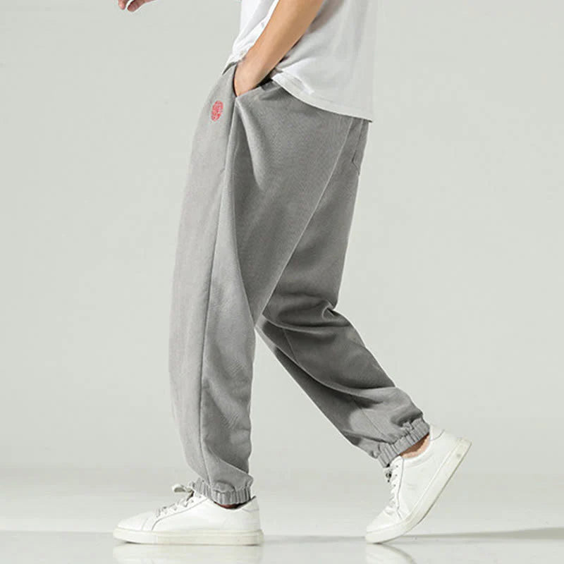 Buddha Stones Fall Plain Corduroy Embroidery Design Men's Harem Pants With Pockets